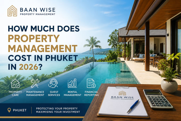 Baan Wise Phuket luxury villa property management featured image showing tropical pool villa overlooking the ocean in Phuket Thailand.